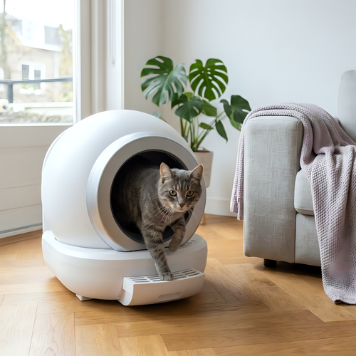 Kat stapt uit de automatische kattenbak in de huiskamer
