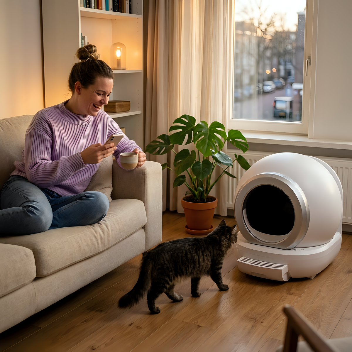 Baasje ontspant op de bank terwijl de kat naar de zelfreinigende kattenbak loopt