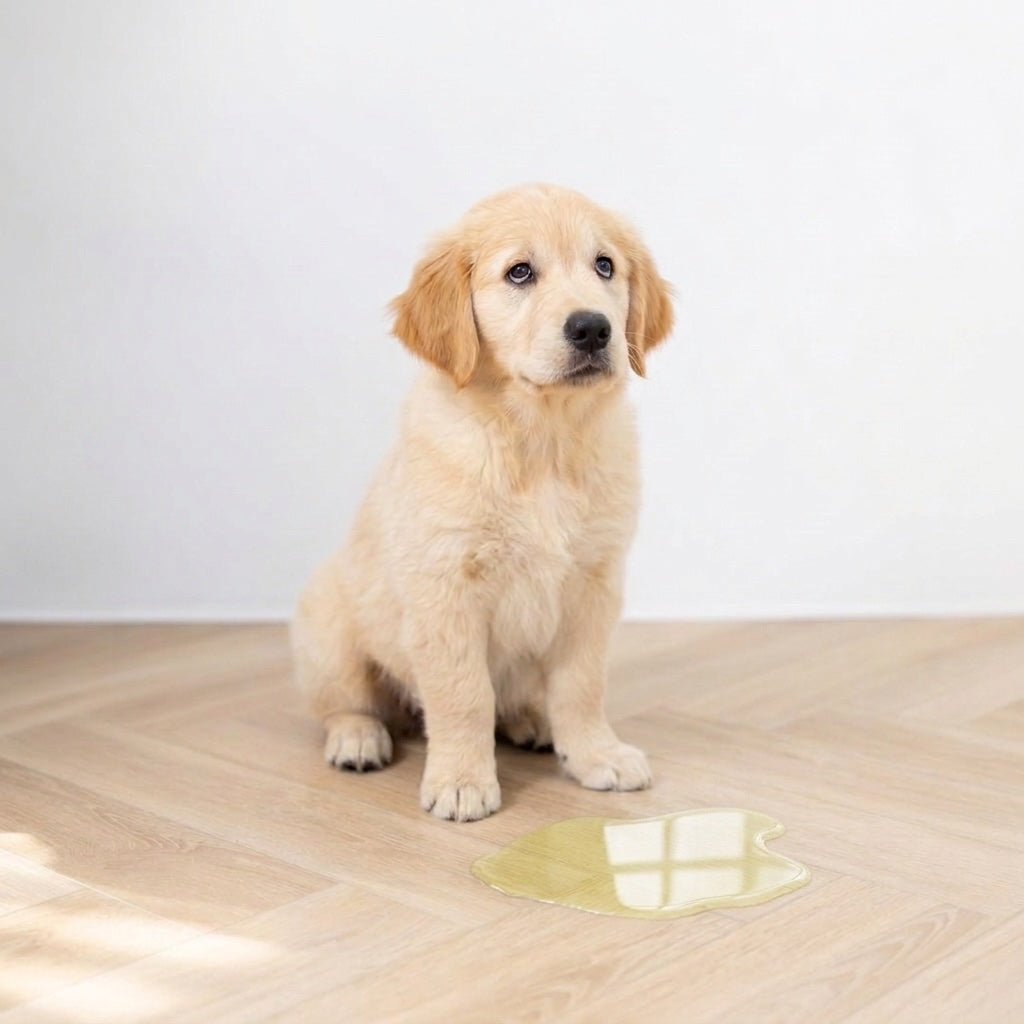 Golden retriever-pup zit schuldbewust naast een plasje op een houten vloer