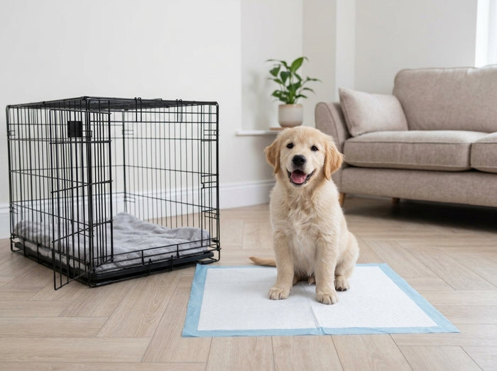 Golden retriever-pup zit op een wit matje met blauwe rand naast een open bench in de woonkamer