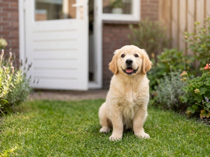 Golden retriever-pup zit blij op het gras in de tuin bij de open achterdeur