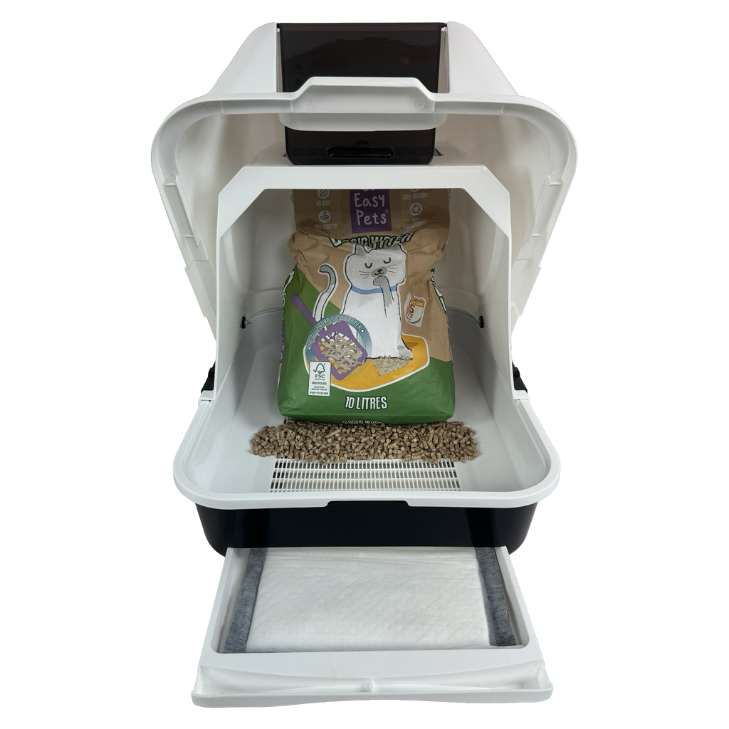 Easy houtkorrel bak open met 10L houtkorrels en catpad