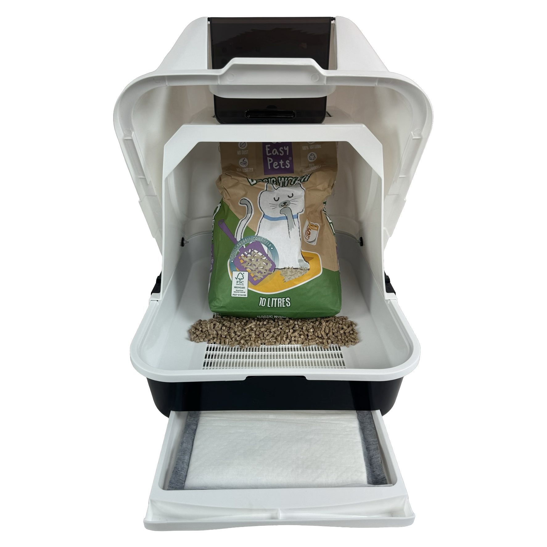 Easy houtkorrel bak open met 10L houtkorrels en catpad