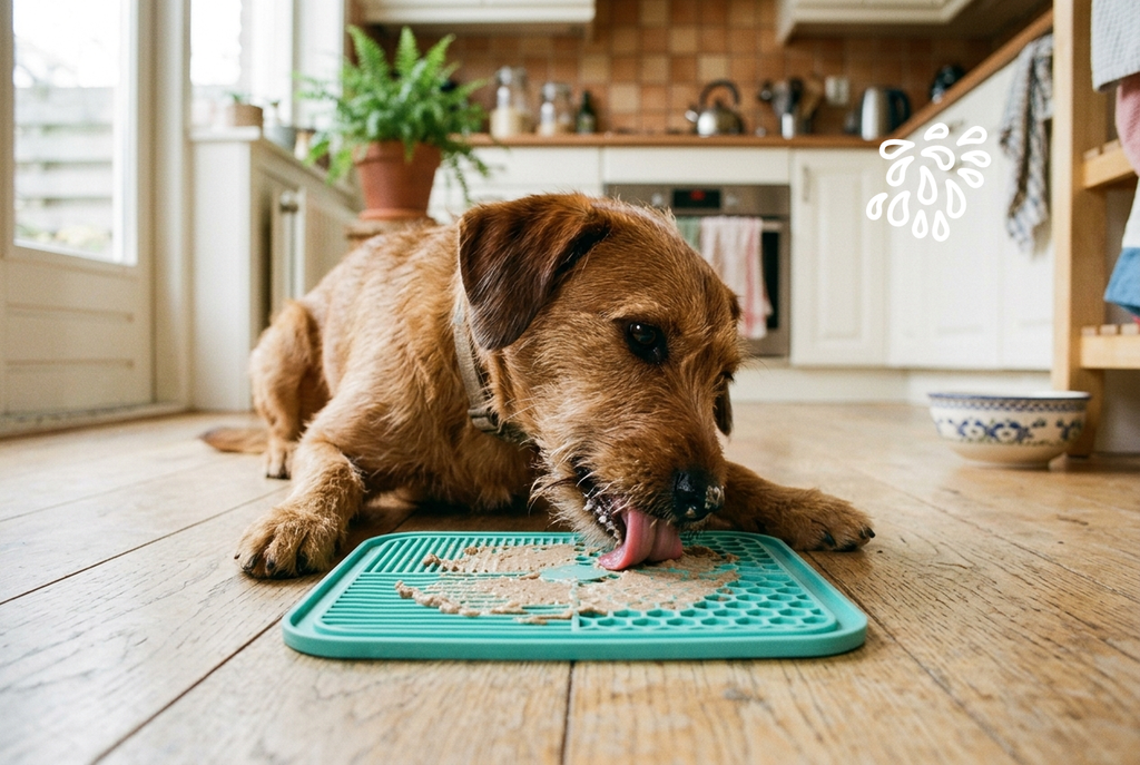 Hond likt de EasyPets likmat met smeerbare snack in de keuken
