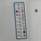 Close-up van de teststrip op de Medpad met de tien velden BIL, URO, KET, BLD, PRO, NIT, WBC, GLU, SG en PH