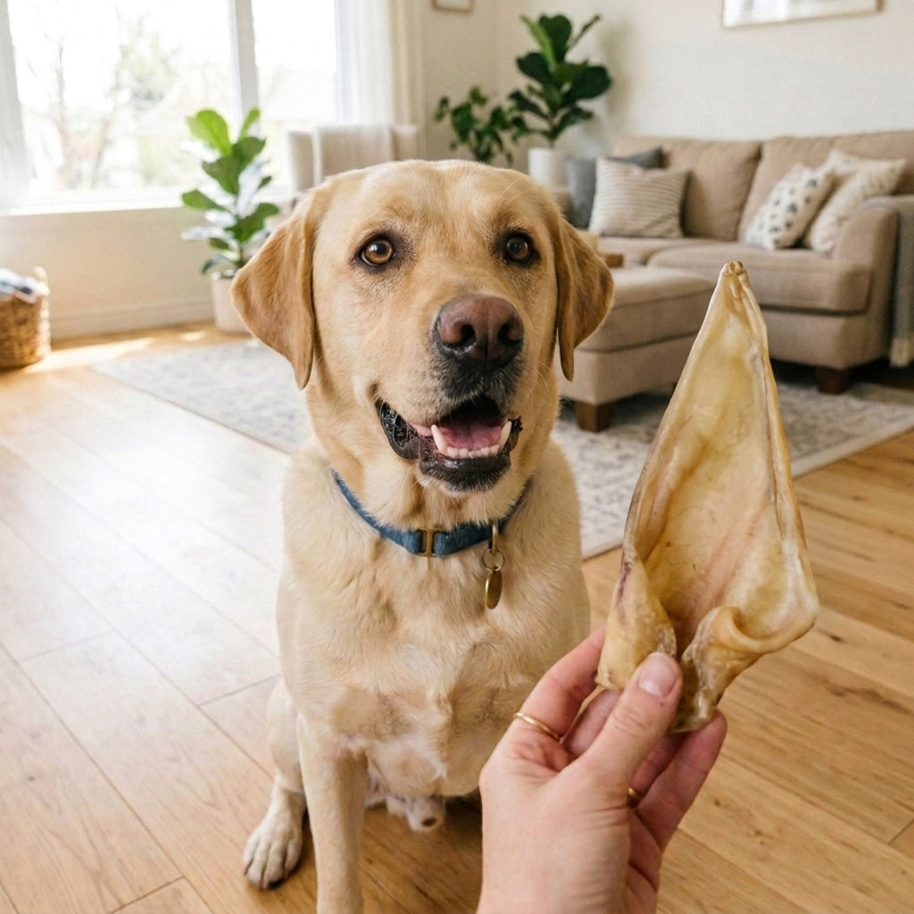 Hond met EasyPets Buffalo Oren Met Vlees kauwsnack