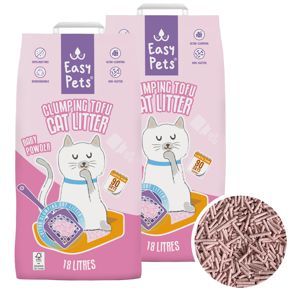 Duopack: 2x 18L EasyPets Clumping Tofu Kattenbakvulling Baby Powder met een detailcirkel van de echte lichtroze tofu-korrels