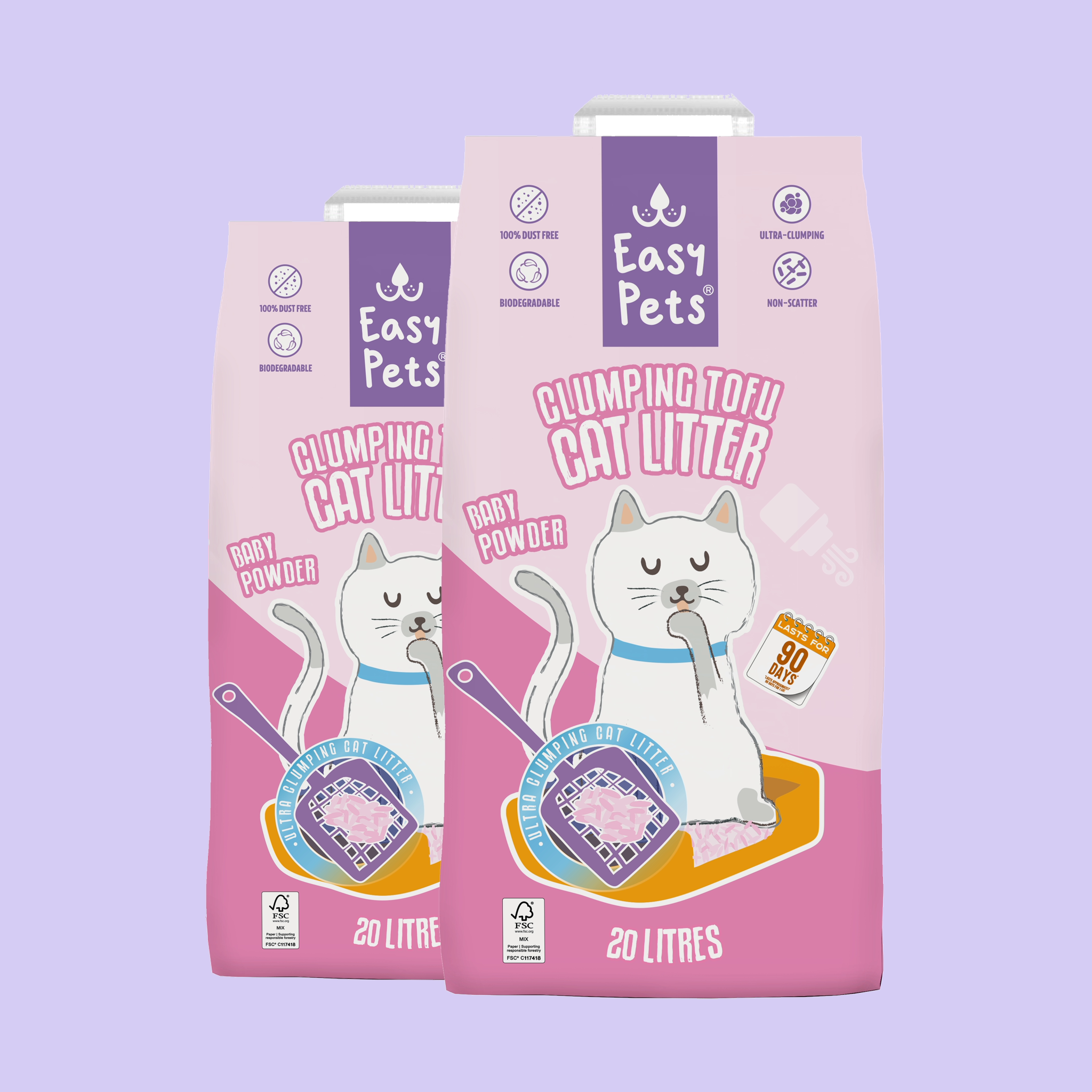 Duopack: 2x 20L EasyPets Clumping Tofu Baby Powder