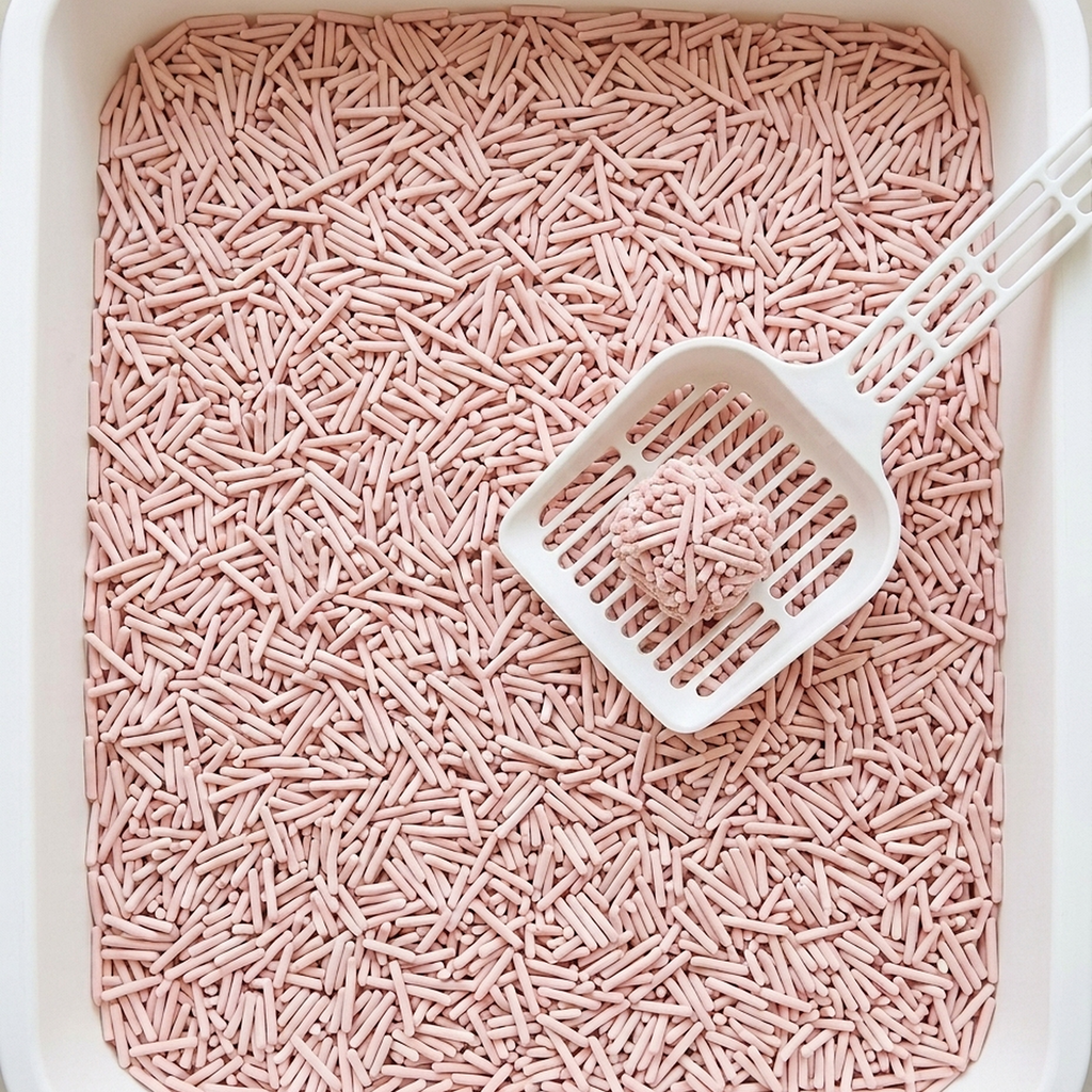 De lichtroze tofu-staafjes met sterke klont op de schep