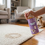 Urinegeur verwijderaar wordt op een vloerkleed gesprayd, hond op de achtergrond
