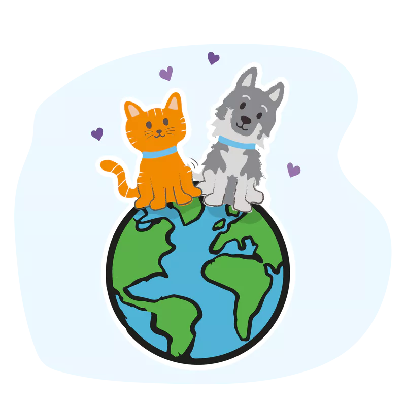 Kat en hond op een wereldbol, samen voor de planeet