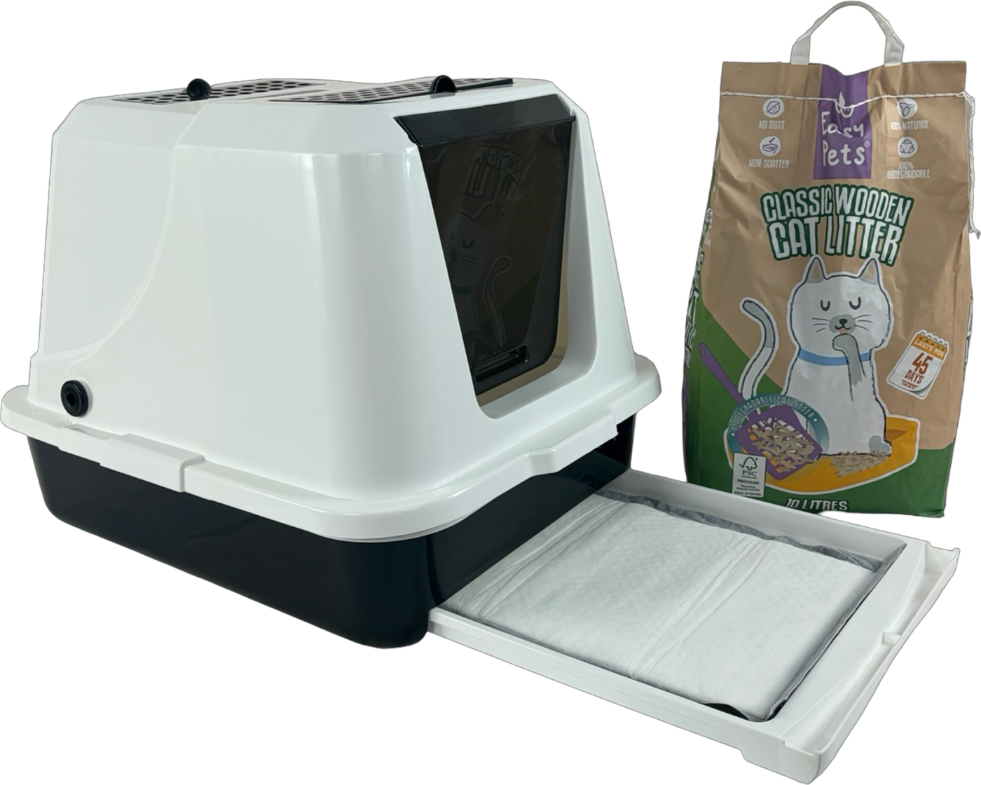 Smarte Sieb-Katzentoilette mit 10 Liter Holzpellets und Catpad